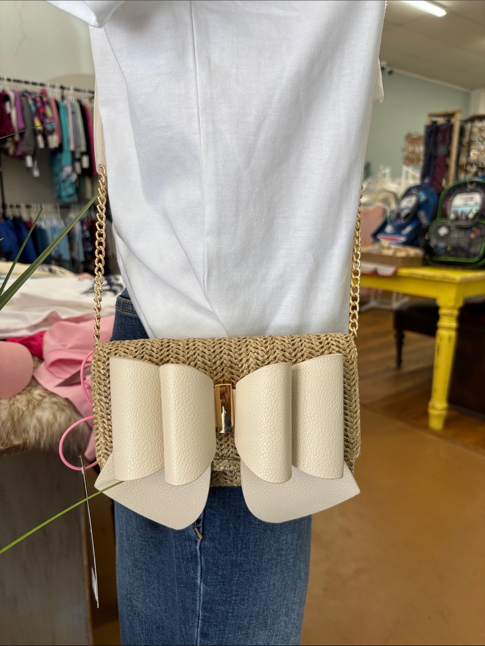Cream Bow Straw Crossbody Bag -  Women